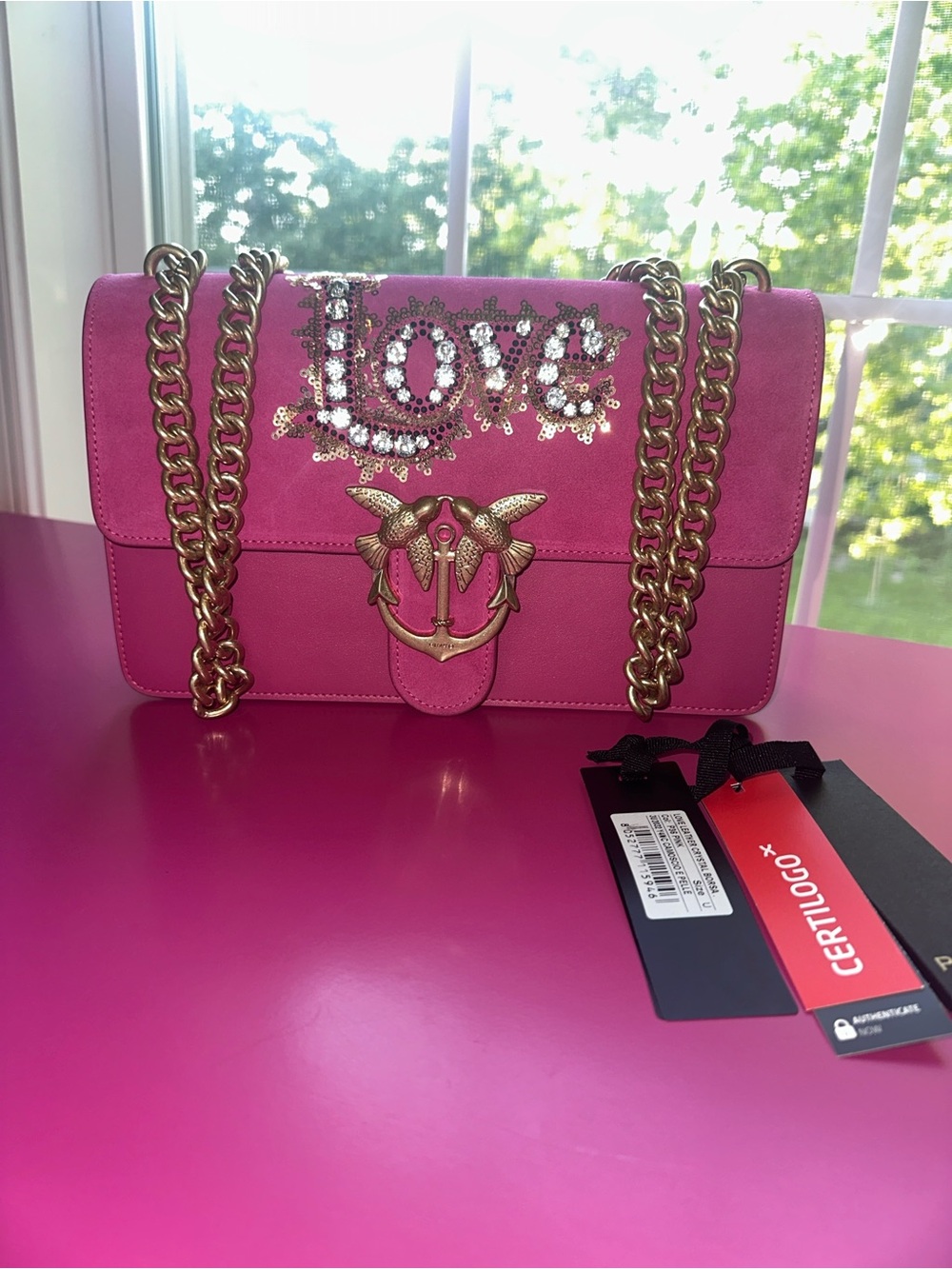 Pinko Pink Sequined LOVE Chain Shoulder Bag with Chunky Gold Hardware